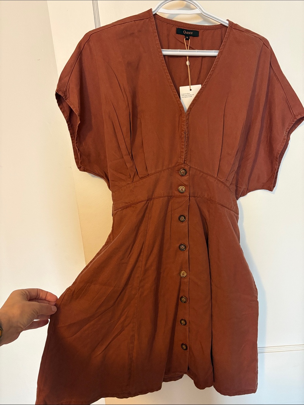 Quince Rust Button-Front V-Neck Short-Sleeve Dress